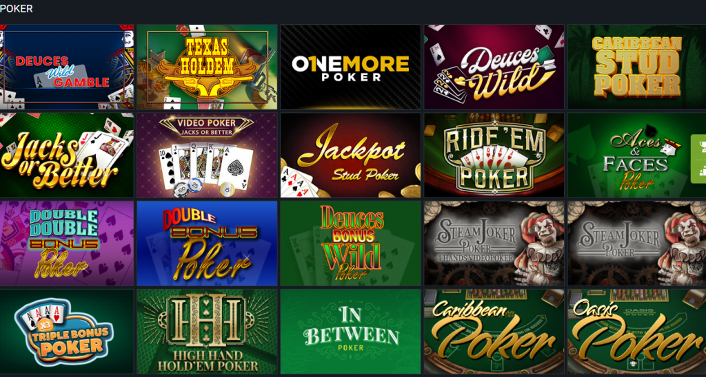 Captura del sitio 1XBET con la oferta de juegos de póker